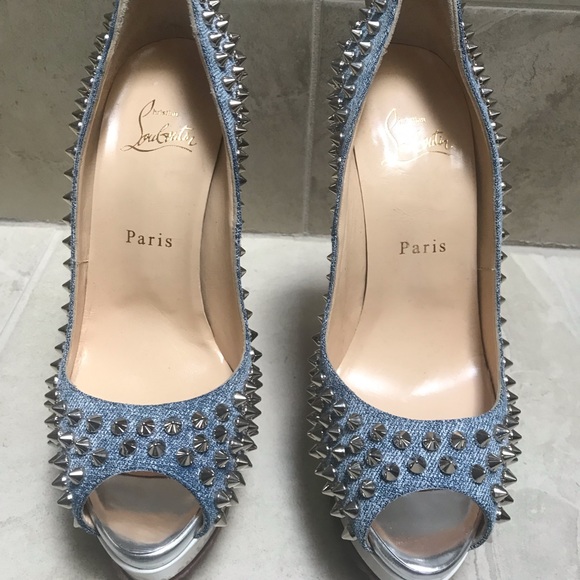 NEW Christian Louboutin sz 38 lady peep denim spike pumps - Picture 2 of 5